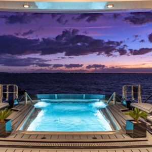 Aft deck of OKTO, a 218 foot ISA yacht for charter in the Mediterranean.