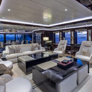 Main salon of OKTO, a 218 foot ISA yacht for charter in the Mediterranean.
