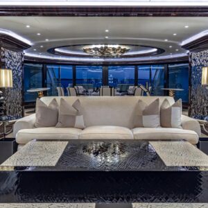 Main salon of OKTO, a 218 foot ISA yacht for charter in the Mediterranean.