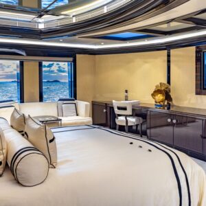 Master stateroom of OKTO, a 218 foot ISA yacht for charter in the Mediterranean.