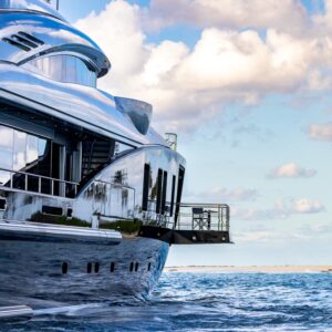 Master stateroom balcony of OKTO, a 218 foot ISA yacht for charter in the Mediterranean.