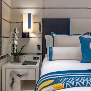 Guest stateroom of OKTO, a 218 foot ISA yacht for charter in the Mediterranean.