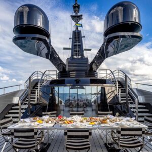Sundeck of OKTO, a 218 foot ISA yacht for charter in the Mediterranean.