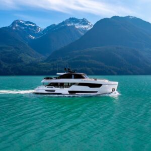 Running profile of VOYAGER, a 90 foot Ocean Alexander yacht for charter in the Pacific Northwest.