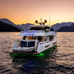 Aft profile of VOYAGER, a 90 foot Ocean Alexander yacht for charter in the Pacific Northwest.