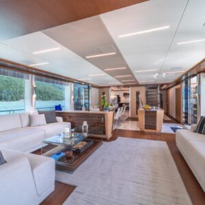 Main salon of VOYAGER, a 90 foot Ocean Alexander yacht for charter in the Pacific Northwest.