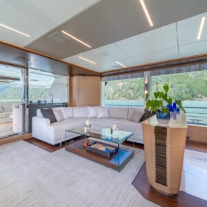 Main salon of VOYAGER, a 90 foot Ocean Alexander yacht for charter in the Pacific Northwest.