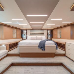 Owner's stateroom of VOYAGER, a 90 foot Ocean Alexander yacht for charter in the Pacific Northwest.