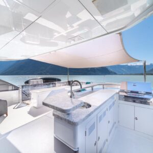 Sundeck of VOYAGER, a 90 foot Ocean Alexander yacht for charter in the Pacific Northwest.