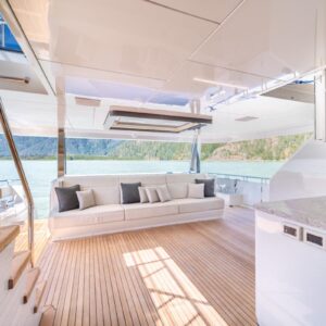 Aft deck of VOYAGER, a 90 foot Ocean Alexander yacht for charter in the Pacific Northwest.