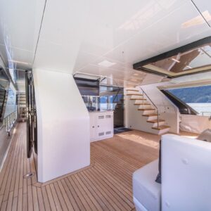 Aft deck of VOYAGER, a 90 foot Ocean Alexander yacht for charter in the Pacific Northwest.