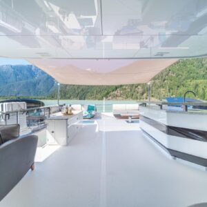 Sundeck of VOYAGER, a 90 foot Ocean Alexander yacht for charter in the Pacific Northwest.