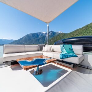 Sundeck of VOYAGER, a 90 foot Ocean Alexander yacht for charter in the Pacific Northwest.