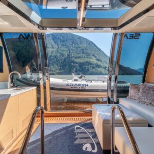 Transom of VOYAGER, a 90 foot Ocean Alexander yacht for charter in the Pacific Northwest.