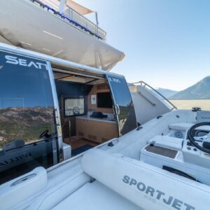 Transom of VOYAGER, a 90 foot Ocean Alexander yacht for charter in the Pacific Northwest.