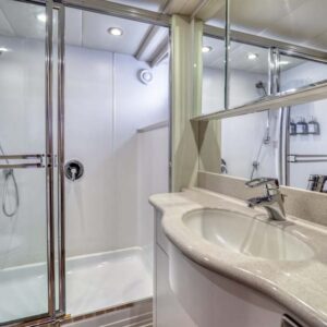 Master stateroom ensuite of CHECKED OUT, a 65' Pacific Mariner yacht for charter in the Pacific Northwest.