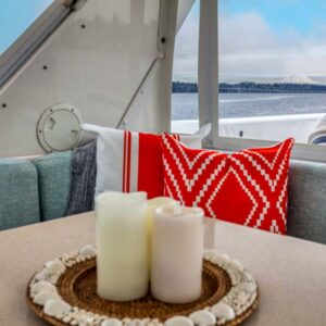 Flybridge of CHECKED OUT, a 65' Pacific Mariner yacht for charter in the Pacific Northwest.