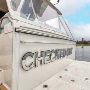 Transom of CHECKED OUT, a 65' Pacific Mariner yacht for charter in the Pacific Northwest.