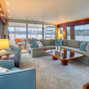 Main salon of CHECKED OUT, a 65' Pacific Mariner yacht for charter in the Pacific Northwest.