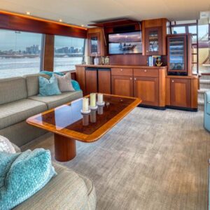 Main salon of CHECKED OUT, a 65' Pacific Mariner yacht for charter in the Pacific Northwest.
