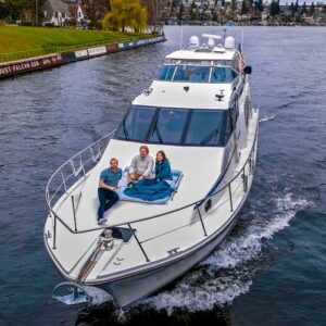 Bow of CHECKED OUT, a 65' Pacific Mariner yacht for charter in the Pacific Northwest.