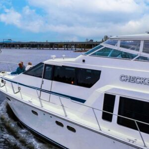 Side profile of CHECKED OUT, a 65' Pacific Mariner yacht for charter in the Pacific Northwest.