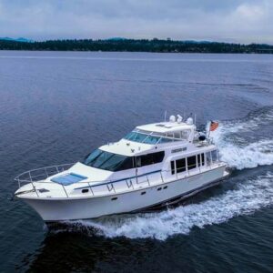 Running profile of CHECKED OUT, a 65' Pacific Mariner yacht for charter in the Pacific Northwest.