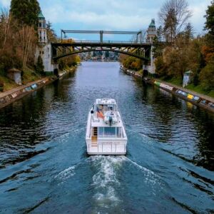 Aft profile of CHECKED OUT, a 65' Pacific Mariner yacht for charter in the Pacific Northwest.