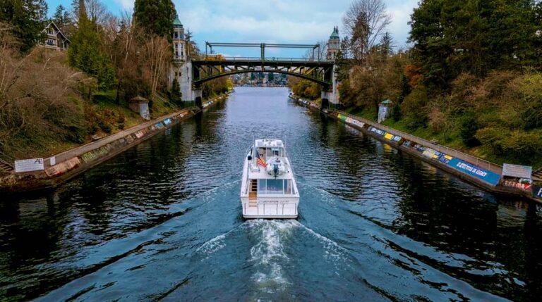 Aft profile of CHECKED OUT, a 65' Pacific Mariner yacht for charter in the Pacific Northwest.