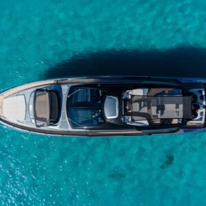 Aerial profile of SAMIRA, a 76-foot Riva yacht for charter in the Mediterranean.