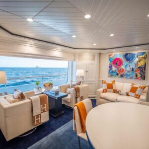 Lounge of JUBILEE, a 151 foot Pendennis yacht for charter in the Mediterranean.