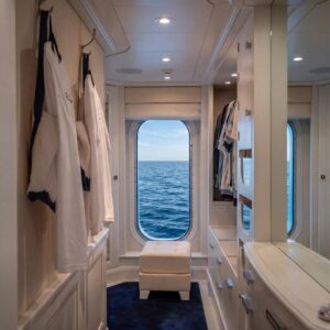 Master closet of JUBILEE, a 151 foot Pendennis yacht for charter in the Mediterranean.