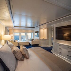 Master stateroom of JUBILEE, a 151 foot Pendennis yacht for charter in the Mediterranean.
