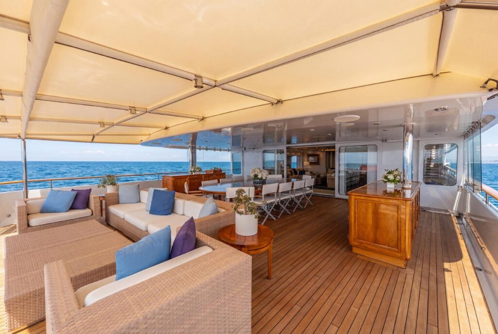 Aft deck of JUBILEE, a 151 foot Pendennis yacht for charter in the Mediterranean.