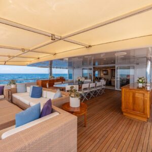 Aft deck of JUBILEE, a 151 foot Pendennis yacht for charter in the Mediterranean.