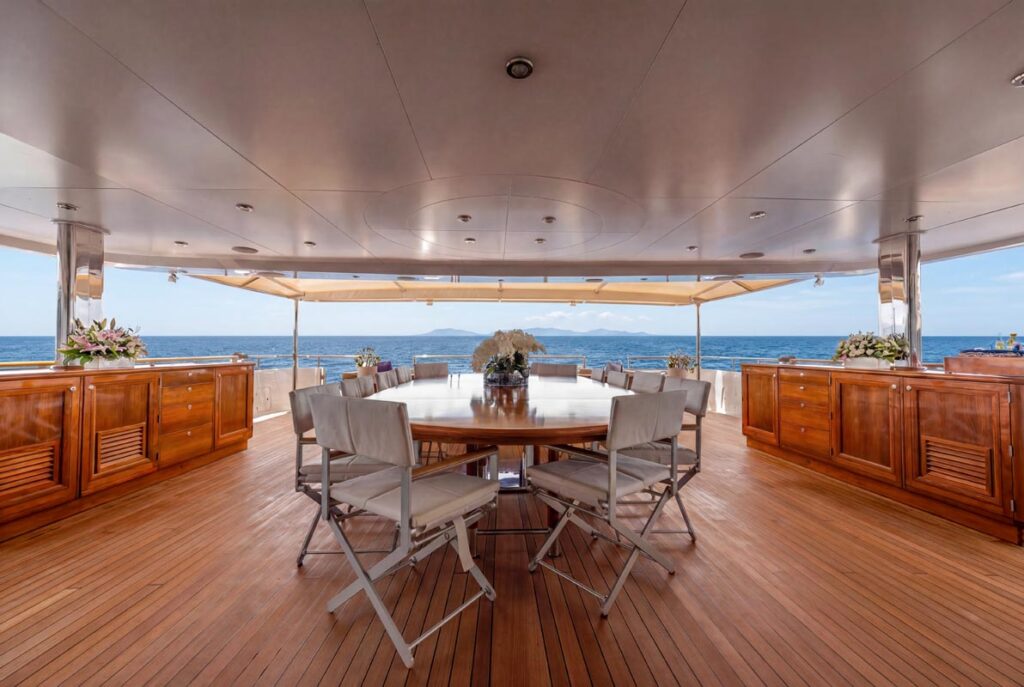 Aft deck of JUBILEE, a 151 foot Pendennis yacht for charter in the Mediterranean.