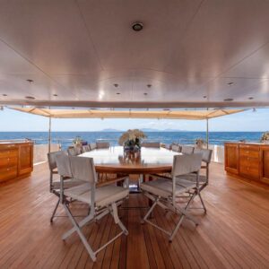 Aft deck of JUBILEE, a 151 foot Pendennis yacht for charter in the Mediterranean.