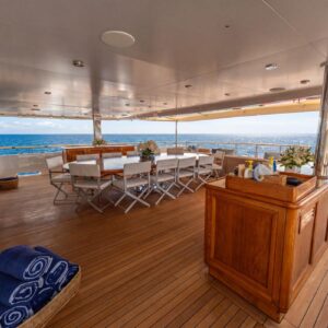 Aft deck of JUBILEE, a 151 foot Pendennis yacht for charter in the Mediterranean.