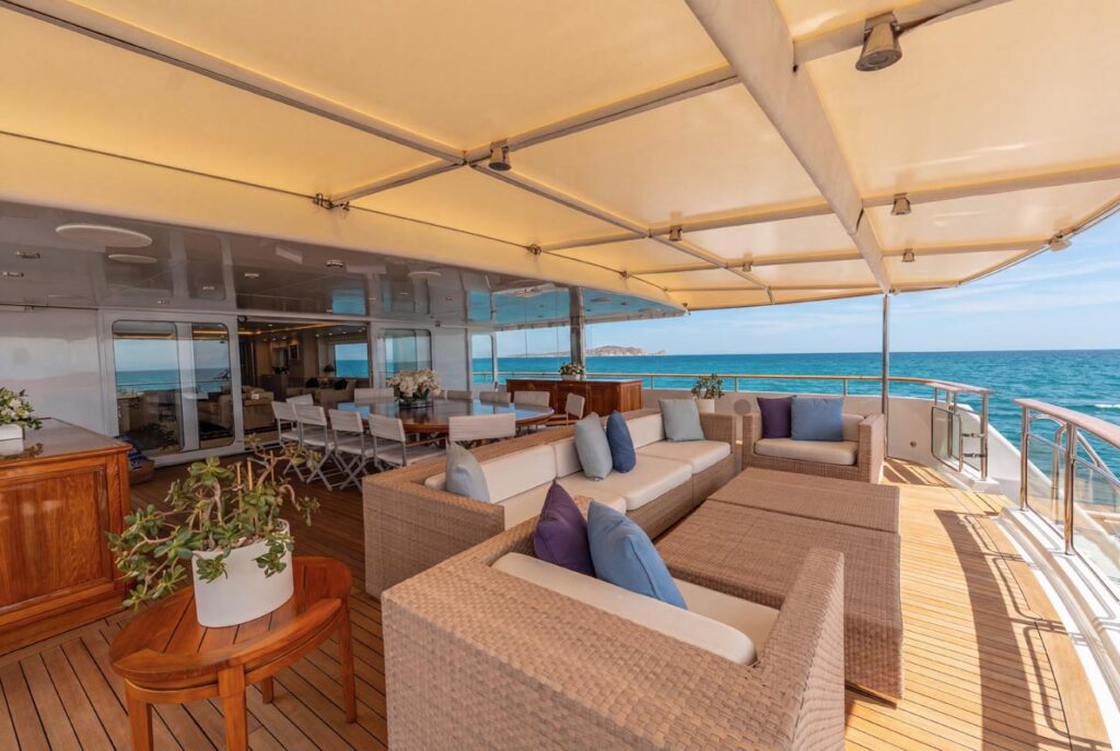 Aft deck of JUBILEE, a 151 foot Pendennis yacht for charter in the Mediterranean.
