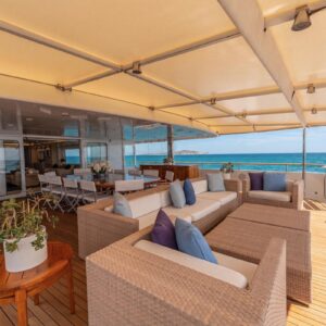 Aft deck of JUBILEE, a 151 foot Pendennis yacht for charter in the Mediterranean.