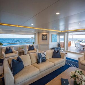 Main dining of JUBILEE, a 151 foot Pendennis yacht for charter in the Mediterranean.