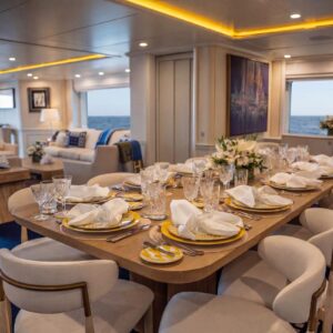 Main dining of JUBILEE, a 151 foot Pendennis yacht for charter in the Mediterranean.