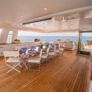 Sundeck of JUBILEE, a 151 foot Pendennis yacht for charter in the Mediterranean.