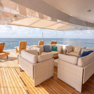 Sundeck of JUBILEE, a 151 foot Pendennis yacht for charter in the Mediterranean.