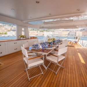 Sundeck of JUBILEE, a 151 foot Pendennis yacht for charter in the Mediterranean.