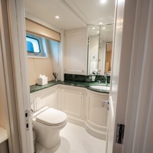 Guest ensuite of JUBILEE, a 151 foot Pendennis yacht for charter in the Mediterranean.