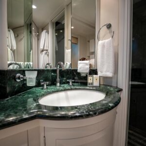 Guest ensuite of JUBILEE, a 151 foot Pendennis yacht for charter in the Mediterranean.