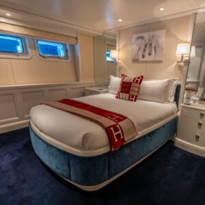 Guest stateroom of JUBILEE, a 151 foot Pendennis yacht for charter in the Mediterranean.