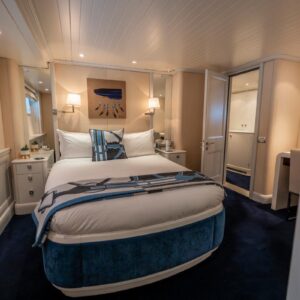 Guest stateroom of JUBILEE, a 151 foot Pendennis yacht for charter in the Mediterranean.