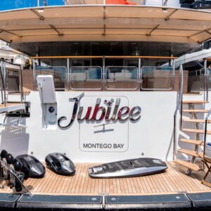 Transom of JUBILEE, a 151 foot Pendennis yacht for charter in the Mediterranean.